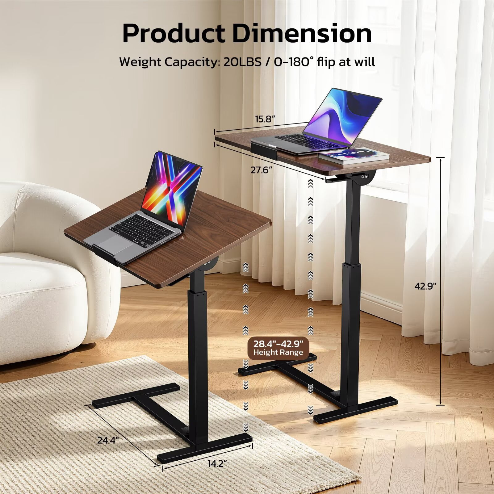 Simple Deluxe 0-180°Tilt Top Mobile Standing Desk Adjustable Overbed Table, Pneumatic Height Adjustable Rolling Laptop Desk with Hidden Wheels,Brown