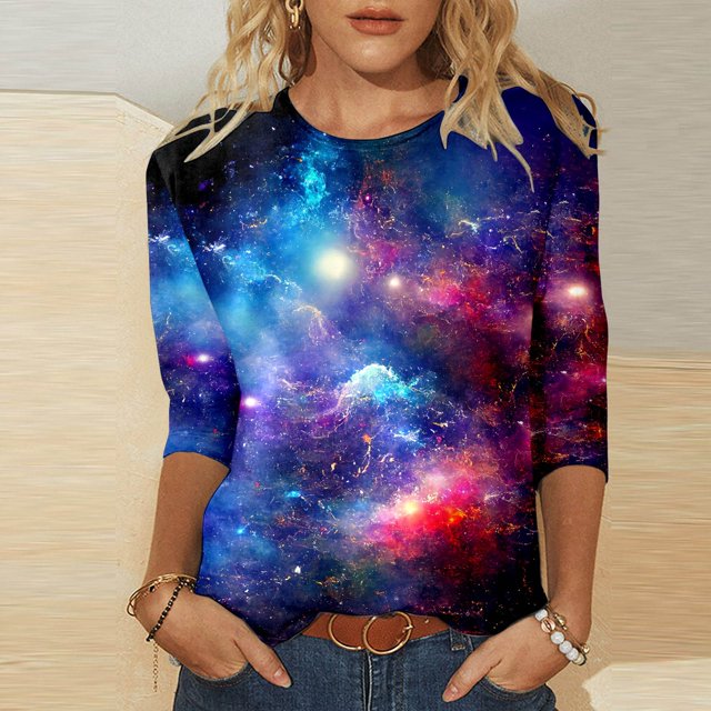 MKLEKYY Hauts à Col Bateau pour Femmes Manches Trois-Quarts Décontractées Quotidiennes Col Rond Imprimé Complet Haut Ample à Manches Longues T-Shirt
