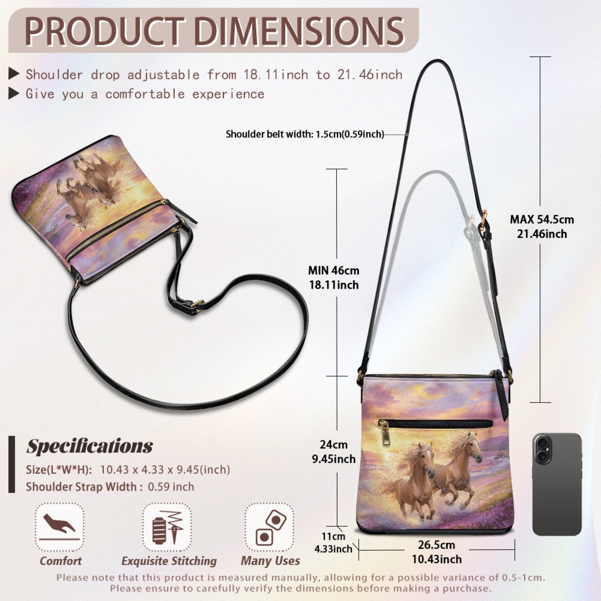 Kuiaobaty Horse Sunset Flower Print Crossbody Bag for Women, Trendy Portable Leather Satchel Purse Crossbody, Multi Pockets Messenger Handbag with Adjustable Strap for Travel