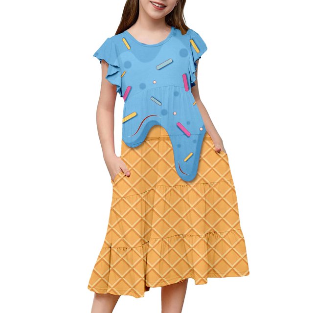 Robe Bébé Fille Manches Volantes Imprimés Fête de Vacances Performance Danse Robes de Fête Filles Robe de Collation des Grades Bleu Clair 8 Ans-9 Ans