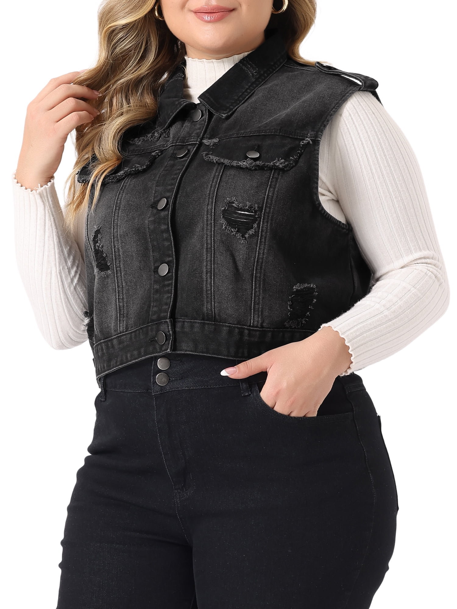 Unique Bargains Women's Plus Size Denim Sleeveless Chest Pockets Vests Jacket 2X Black