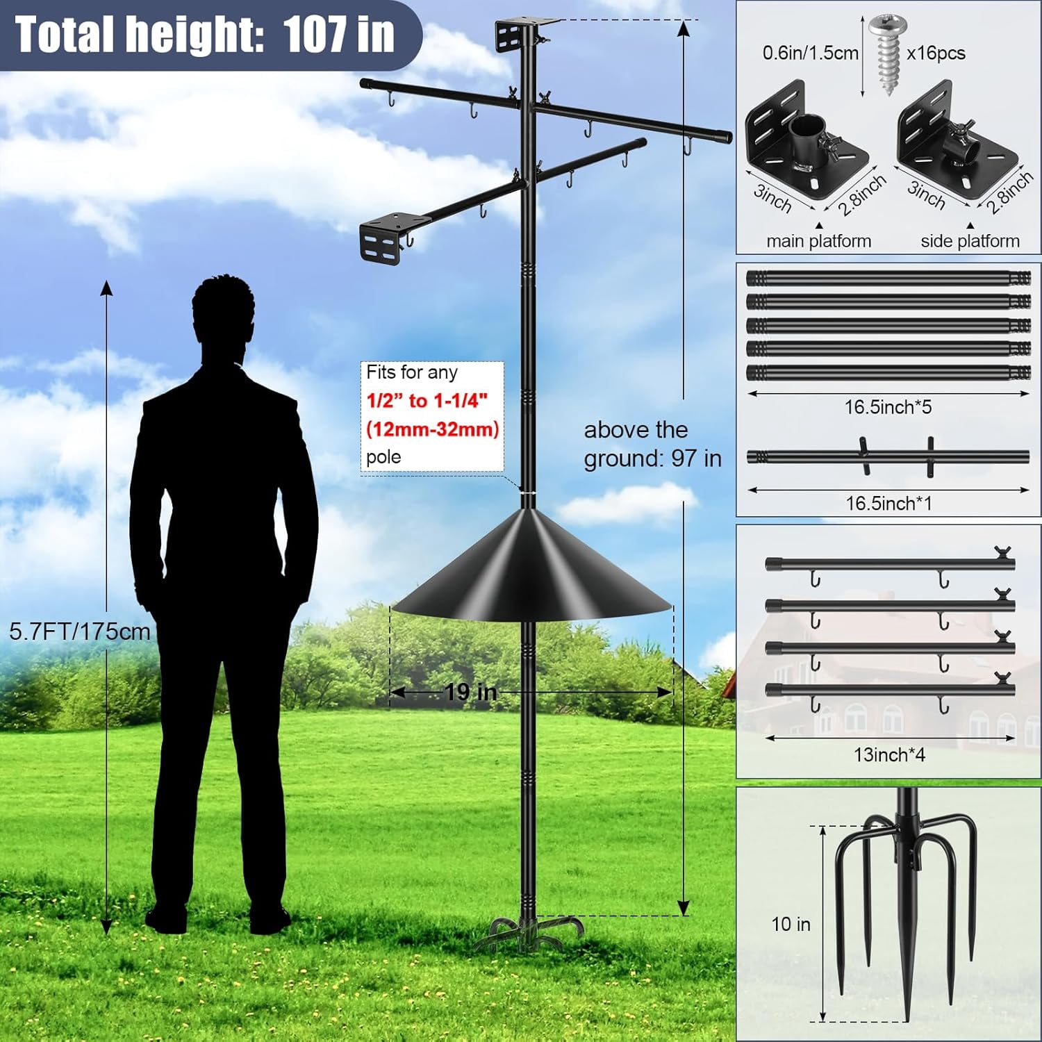 Gtongoko Smart Bird Feeder Pole 1-Inch Dia 79 Inch Bluebird House Pole for Outdoors Weather Station Heavy Duty Metal Mounting Kit Adjustable Bird Feeder Stand Black