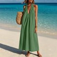 thumbnail image 2 of Yeaiivve Summer Dresses for Women 2026 Boho Halter Maxi Dress Deep V Neck Backless Linen Dress Lightweight Flowy Long Dresses for Travel Cruise Outfits Army Green,XL, 2 of 8