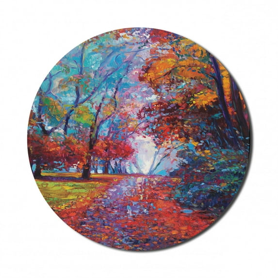 Country Mouse Pad for Computers, Colorful Fairy Paint of Park in Fall View of the Earth in Oil Painting Style Print, Round Non-Slip Thick Rubber Modern Mousepad, 8" Round, Multicolor, by Ambesonne