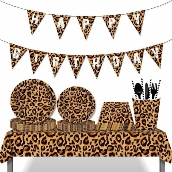 Leopard print Party Tableware Set,Leopard Party Supplies Serves 16 Guests Including Paper Plates Napkins Tablecovers Cups Straws Cutlery$$Home Decor, Kitchen, & Other