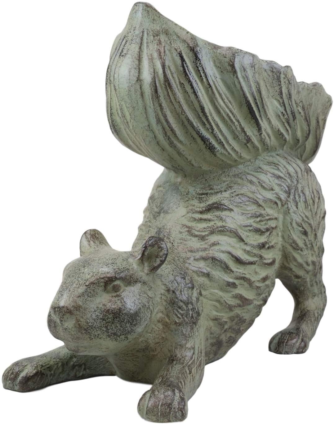 Ebros Aluminum Squirrel Statue w/ Dish Bowl Tail Garden Bird Feeder Bath 15"L