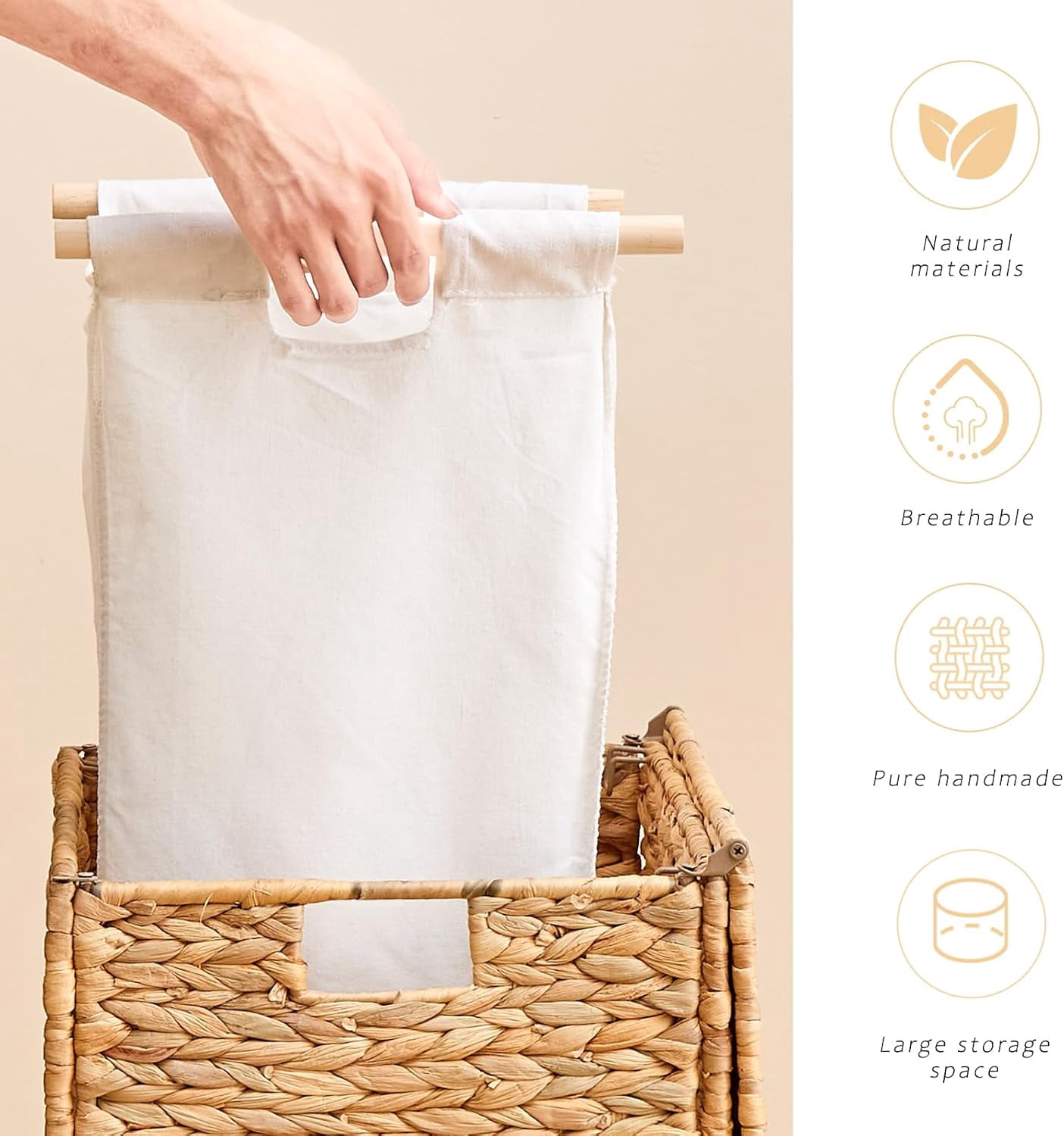 Casa Pura Furniture Adult Handwoven Elevated Feet Carrying Handles Laundry Hampers with Lid & Removable Liner Bag, Off-White