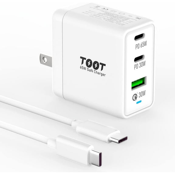 USB C Charger 65W PD 3.0 GaN Charger Type C Foldable Adapter with 3-Port Fast Wall Charger Compatible with iPhone 14/13/12 Pro/11, iPad Pro,3,Samsung, MacBook Pro/Air, Laptops(with USB C to C Cable)