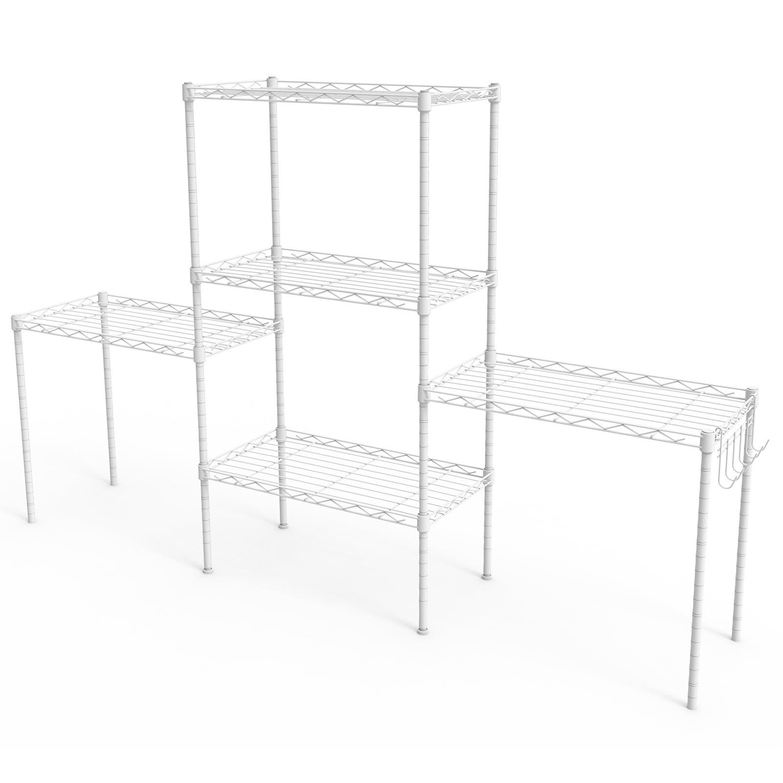 5-Tier Pin-Type Adjustable Display Rack Matte White Iron Storage Shelving Unit with Leveling Feet Compact Vertical Organizer for Retail Home Office