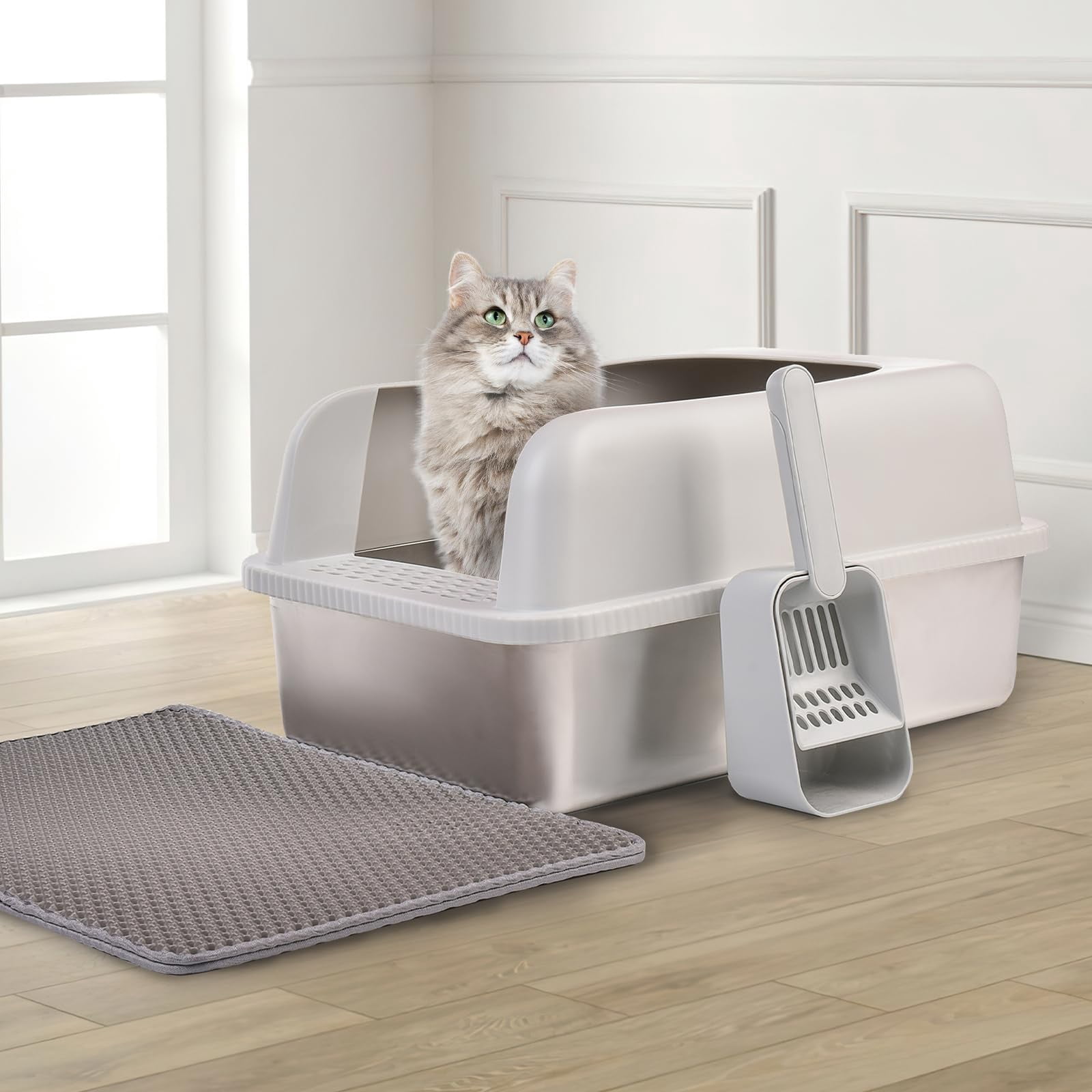 Stainless Steel Cat Litter Box With Lid  24" L X 16" W 11.8" H Extra Large For Big Cats High Sided Anti-urine Leakage Easy Cleaning Include Mat And Scoop