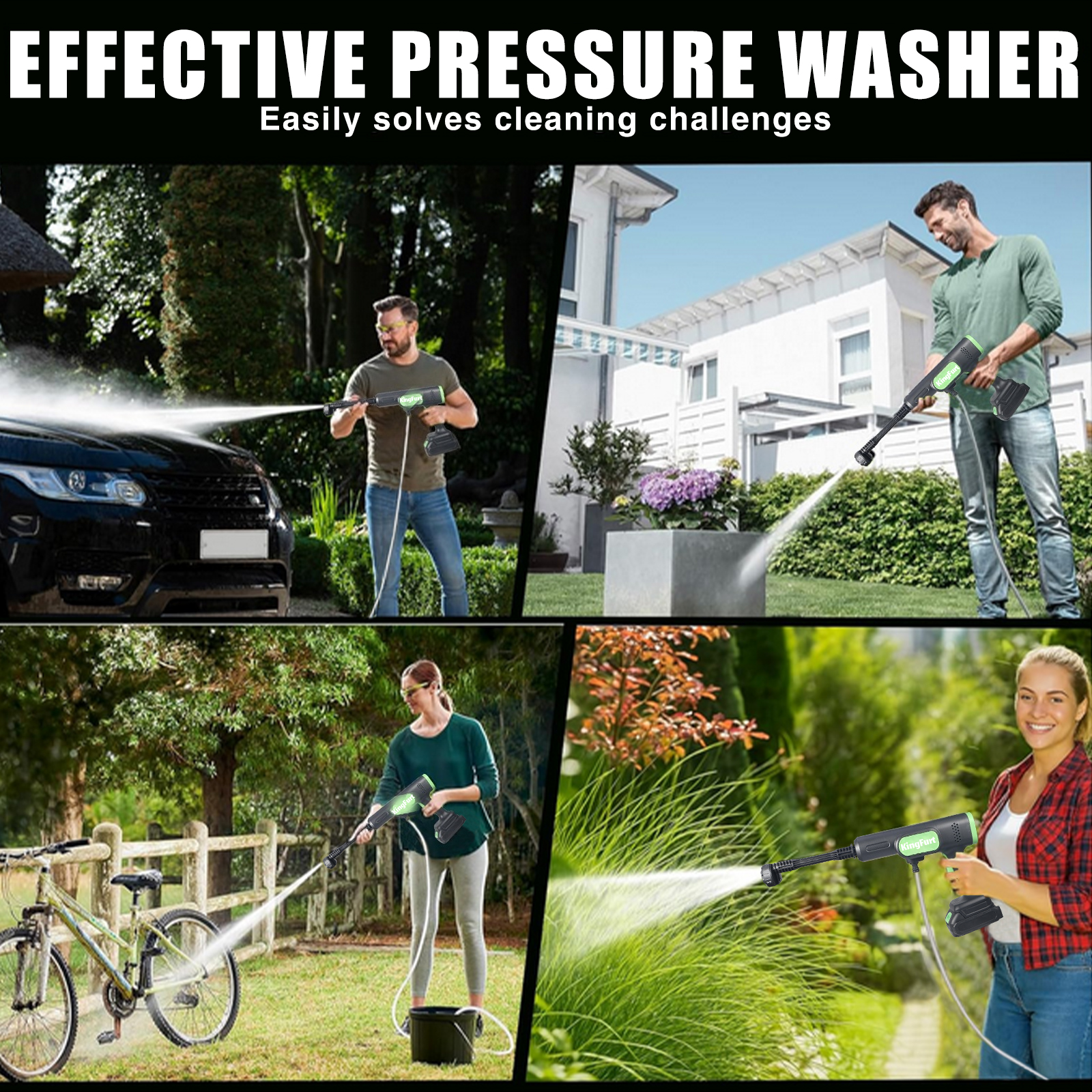 KingFurt Cordless Power Washer, Handheld Pressure Washer with 6-in-1 Adjustable Nozzle,16.4FT Drain Hose, Power Cleaner for Patio/Floor Fence/Cars