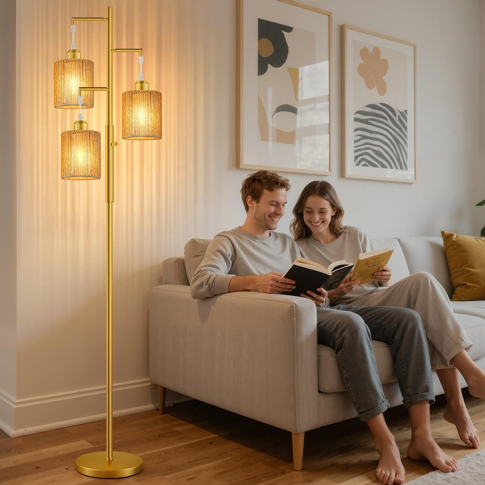 72" Tall Boho Rattan Style Floor Lamp With Hand-woven Paper Cord Shade  Dimmable Industrial Tree Standing For Living Room Bedroom Study Office (3 X 800lm Bulbs Included) -