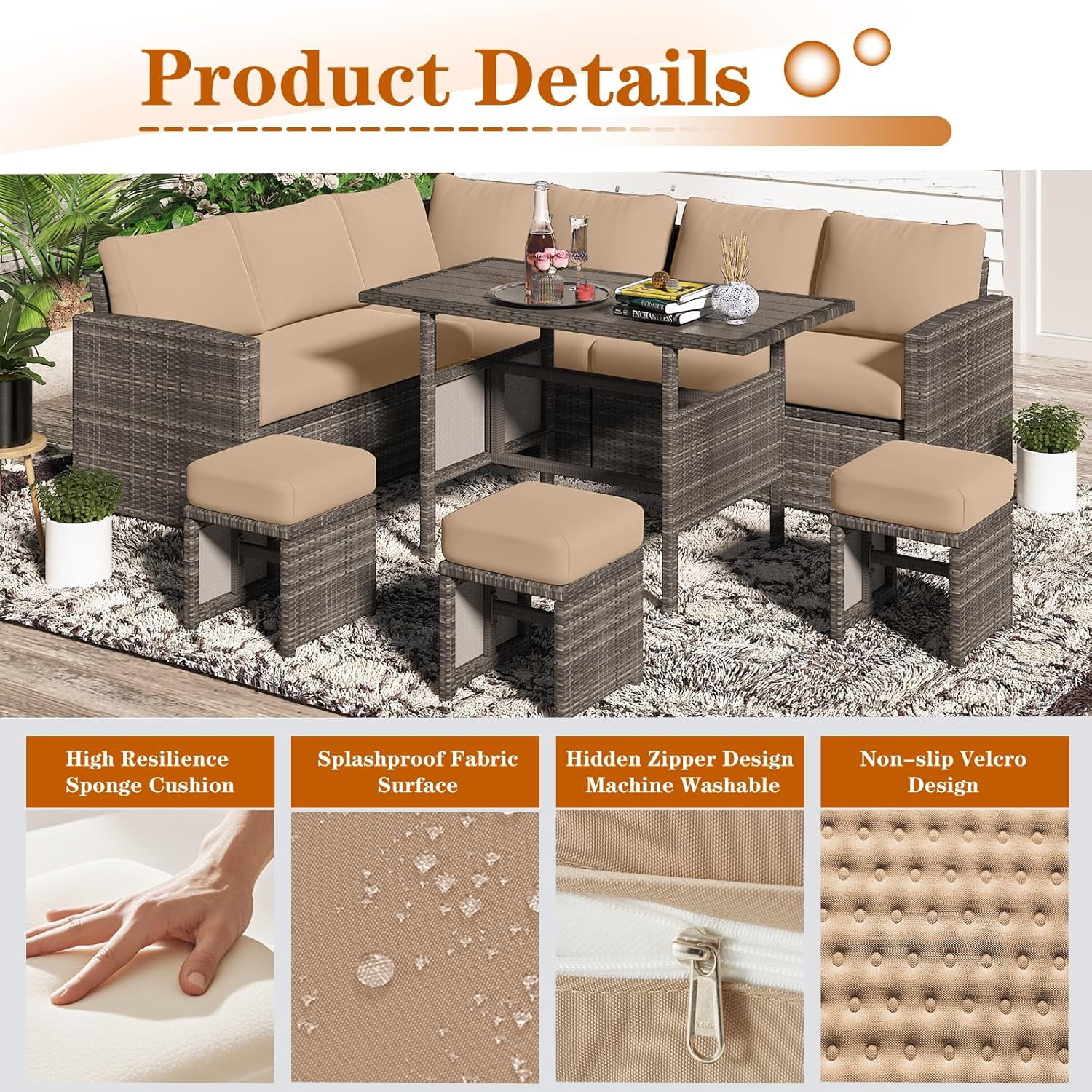 AECOJOY Outdoor Patio Furniture Cushions, 4-Inch Memory Foam Replacement Cushions for 7-Seat Sectional Wicker Conversation Set, Beige