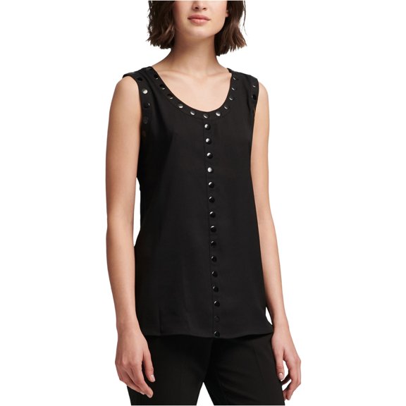 DKNY Womens Studded Trim Sleeveless Blouse Top, Black, Medium