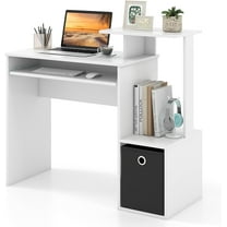 CZMJY Computer Desk with Fabric Drawer & Keyboard Tray, Space-Saving Study Writing Desk with Open Storage Shelves & Printer Stand, Modern Home Office Computer Workstation for Small Spaces (White)