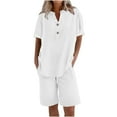 thumbnail image 2 of Linen Short Sets for Women 2 Piece Outfits Short Sleeve Button V Neck Shirts and Bermuda Short Sets Vacation Clothes 2026 White L, 2 of 5