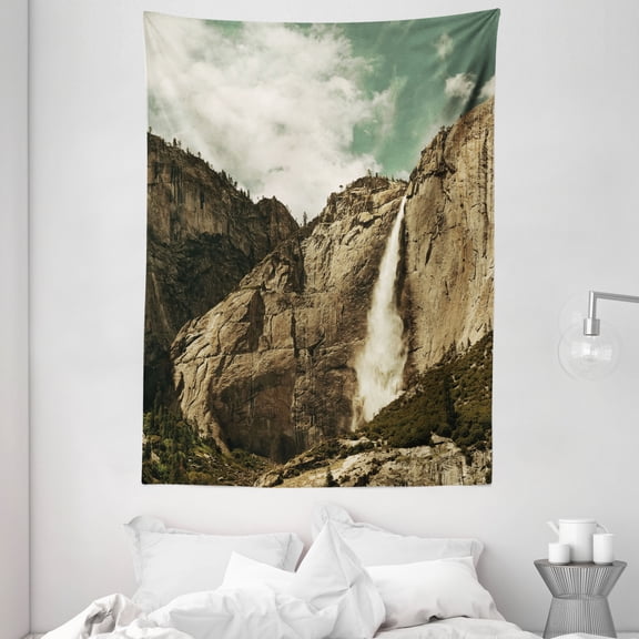 Farm House Decor Tapestry, Waterfalls in Yosemite National Park California Famous Travel Destination Photo, Wall Hanging for Bedroom Living Room Dorm Decor, 60W X 80L Inches, Pine, by Ambesonne