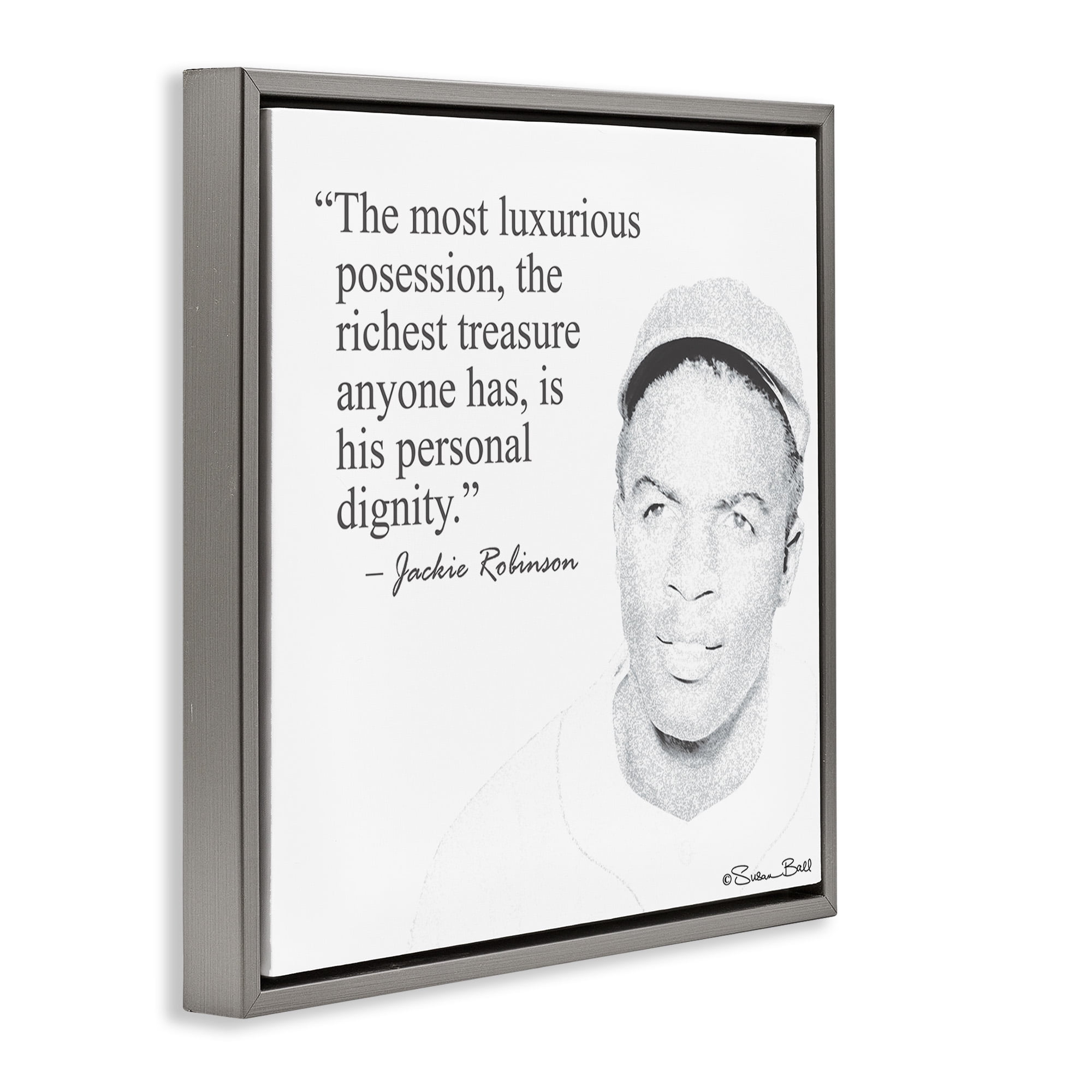 Stupell Industries Personal Dignity Jackie Robinson Quote Black and White Inspirational Painting Gray Floater Framed Canvas Art Print Wall Art, 18 x 18