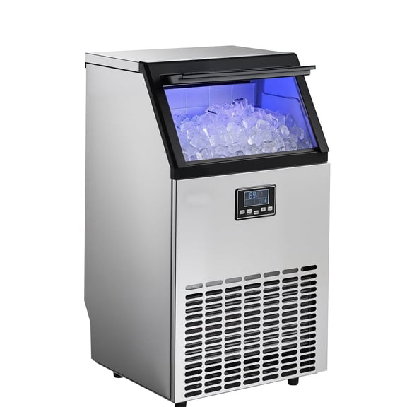 KFFKFF Commercial Ice Maker Machine, Produces 100 lbs of Ice Daily with 26 lbs Storage, Built-in or Freestanding Design, Stainless Steel Construction with LED Display and Self-Cleaning Function