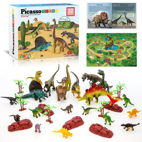 PicassoTiles 32PCS Dinosaur Action Figures Playset with Foldable Play Mat, Trees, Rocks & Educational Dinosaur Book for Kids