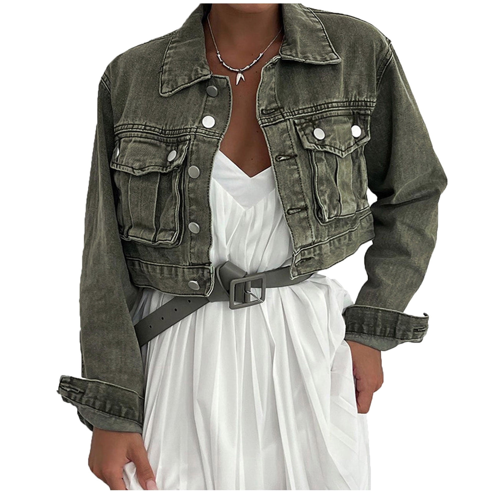 Meichang Cropped Jean Jacket for Women Vintage Long Sleeve Lapel