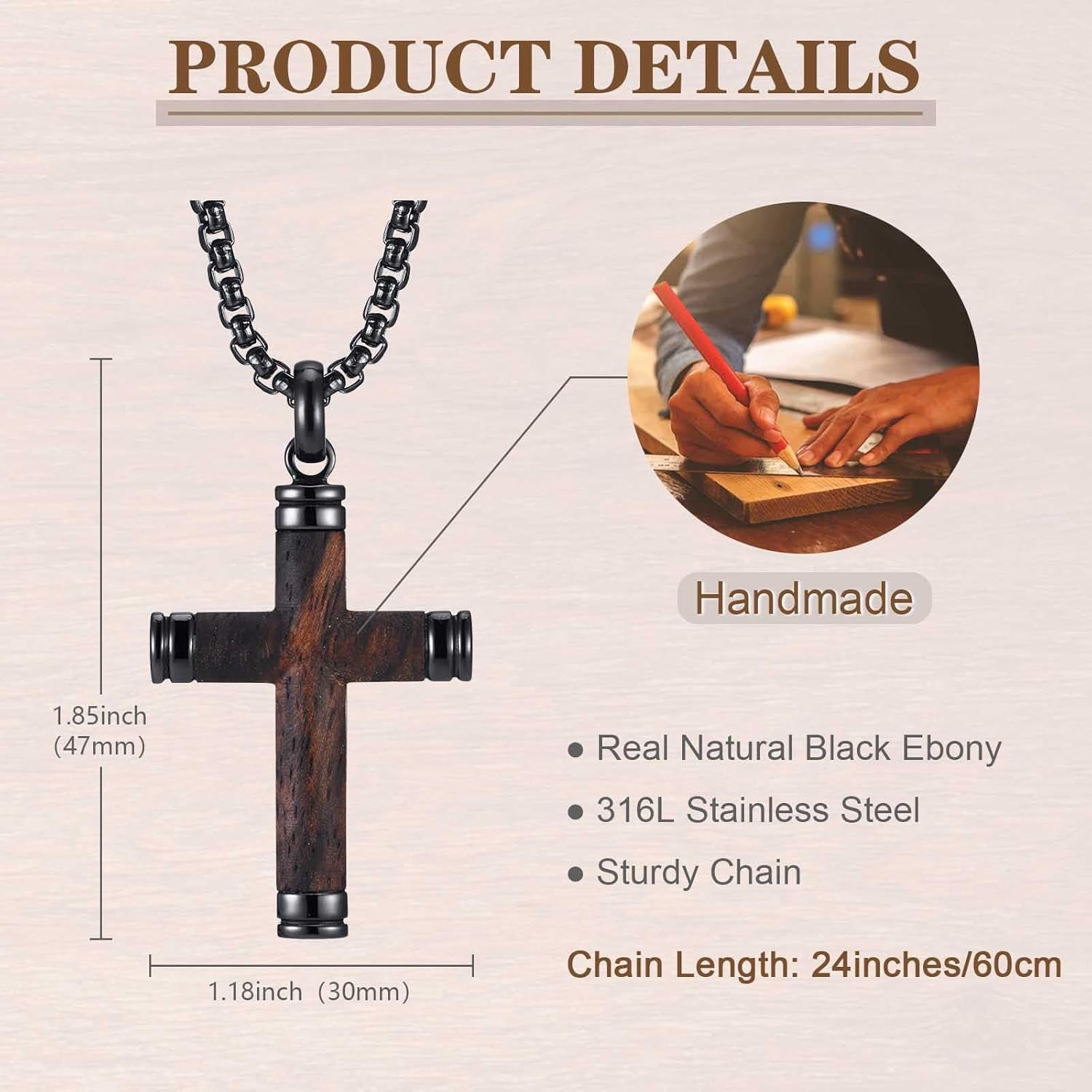 Wooden Cross Necklace for Men-Hawaiian Real Handmade Ebony Wood Cross Pendant Necklace Stainless Steel Chain, Mens Brown Cross Necklaces Koa Wood Jewelry Christian Baptism Crucifix Pendant for Men