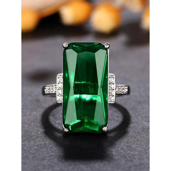 Green Rectangular Cut Cubic Zirconia Statement Ring In Silvertone Setting