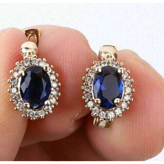 2.40Ct Oval Cut Lab Created Blue Sapphire Stud Earrings 14k Yellow Gold Plated