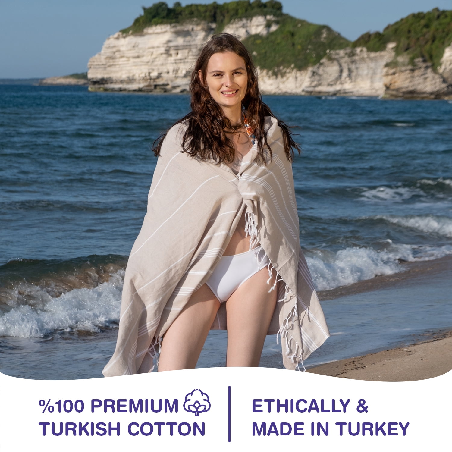 PADISHAHHOME Turkish Beach Towels, Pack of 4 | Oversized, Quick Dry, Sand Free | 100% Cotton, Large 38x71" Towels for Beach, Pool, Travel | Ultra-Soft, Compact, and Absorbent | Beige