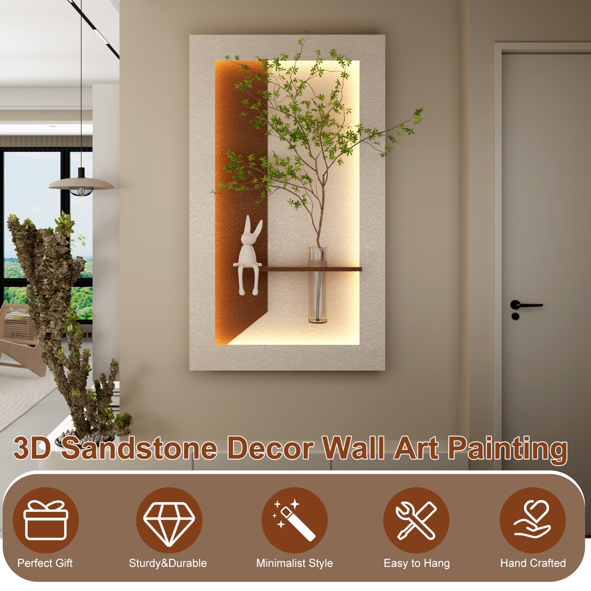Aukfa 3D Sandstone Wall Art with Artificial Green Plants, LED Wall Decor with Glass Vase & Rabbit Statue, Remote Control for Living Room/Bedroom