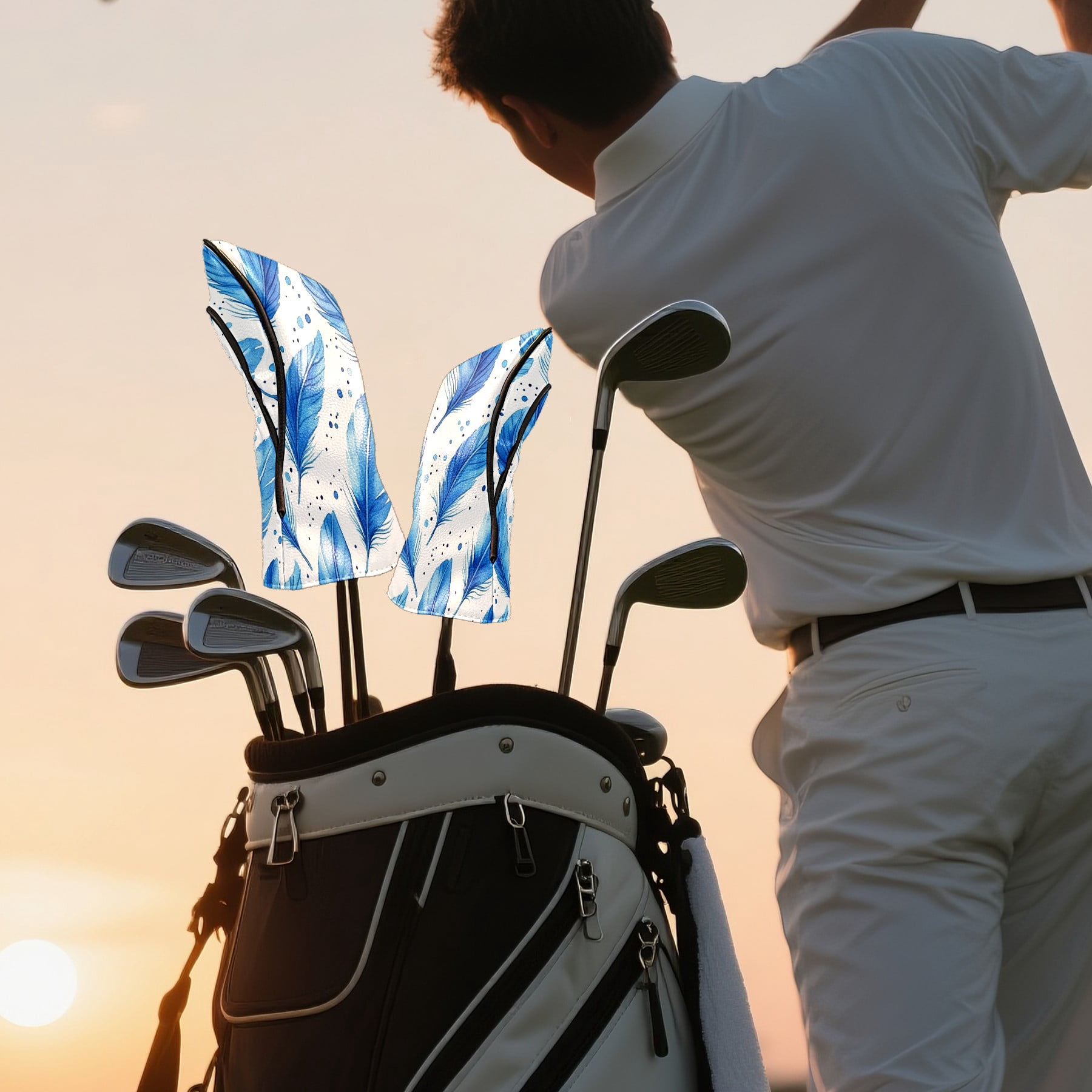 Golf Club Covers, Blue Feathers Premium PU Leather Driver Hybrid Putter Head Covers with Velvet Lining, Waterproof Golf Gifts for Men Women