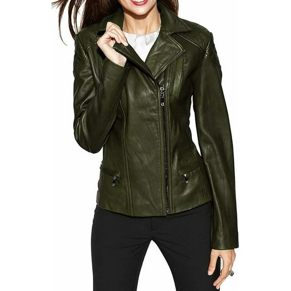 Celebrity Women's Olive Green Lambskin Leather Jacket Motorcycle Slim Fit Biker W441