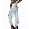 thumbnail image 2 of SWSMCLT Women's Casual Metallic Pants Shiny Hot Dance Casual Pants Long Trousers Halloween Stretch Elastic Waist Silver White Small, 2 of 4