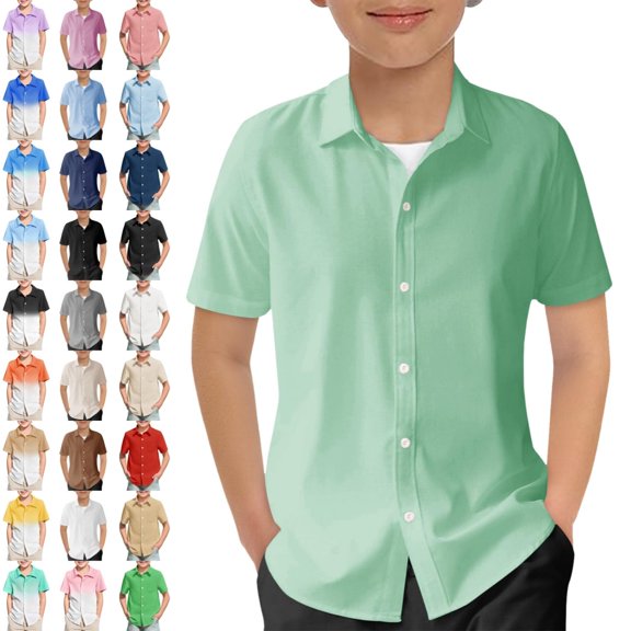 Bmisegm Girls Shirts Boys Button Down Short Sleeve Solid Kids Summer Casual Beach 5-14Y Casual Tops 01_Green,9-10 Years