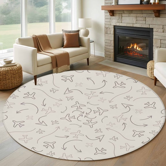 Abstract Airline Route Round Area Rug 8Ft Washable Large Circle Rugs for Living Room Dorm, Vintage Aircraft Arrows Non-Slip Carpet Floor Mats Indoor Outdoor Carpet Runner Aesthetic Home Decor