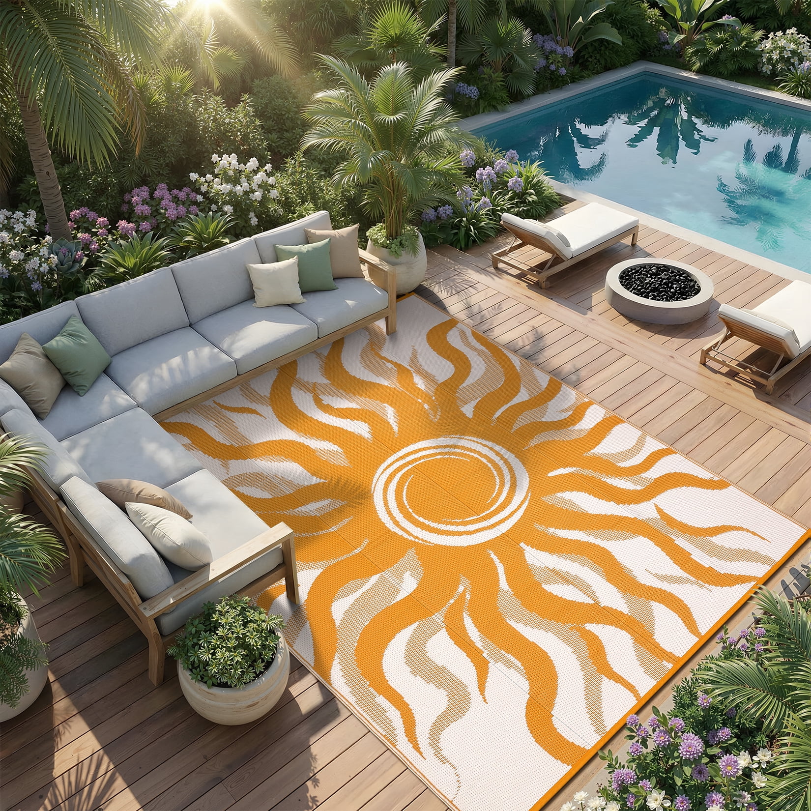 Soonbuy Sun Pattern Outdoor Rug, 8x10FT Waterproof Reversible Plastic Straw Outdoor Patio Rug, Quick Dry Easy Clean Outdoor Area Rug Carpet for Camping, Picnic, Balcony, Porch, RV
