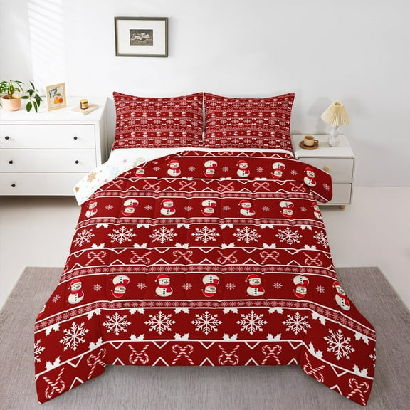 Manfei Kawaii Snowmen Snowflake Bedding Comforter Set,Kids Christmas Candy Cane Twin Comforter Sets,Red White Bedding Set For Child,Microfiber Bedroom Decor Reversible,2pcs