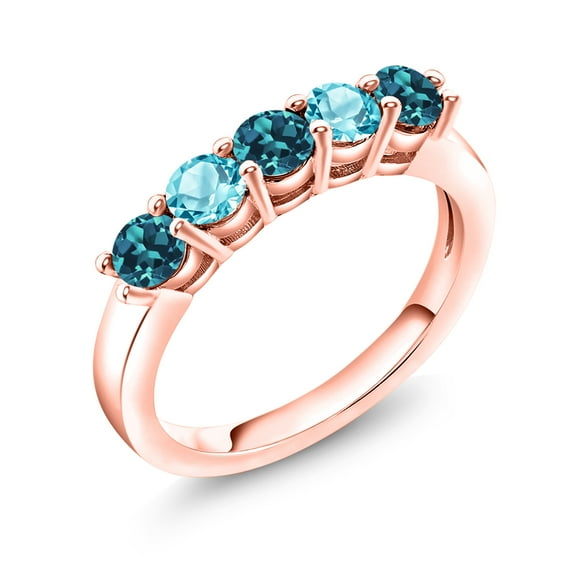 Gem Stone King 18K Rose Gold Plated Silver London Blue Topaz and Swiss Blue Topaz 5-Stone Wedding Anniversary Band Ring for Women (1.06 Cttw, Gemstone November Birthstone, Size 8)