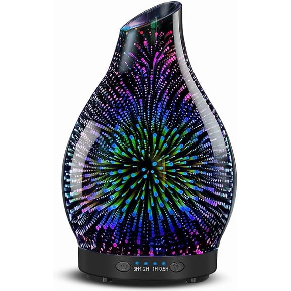 120ML Essential Oil Diffuser, 3D Glass Aromatherapy Diffuser with Auto Shut-Off and 7 Color LED Lights, Ultrasonic Mist Humidifier 4 Timer for Home Office Bedroom (3D Fireworks)