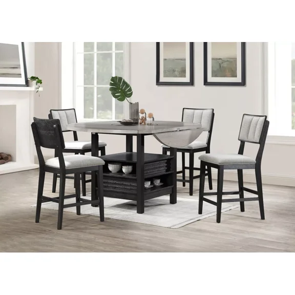 5pc Black Counter Height Dining Round Table Chair Set Gray Upholstery Furniture