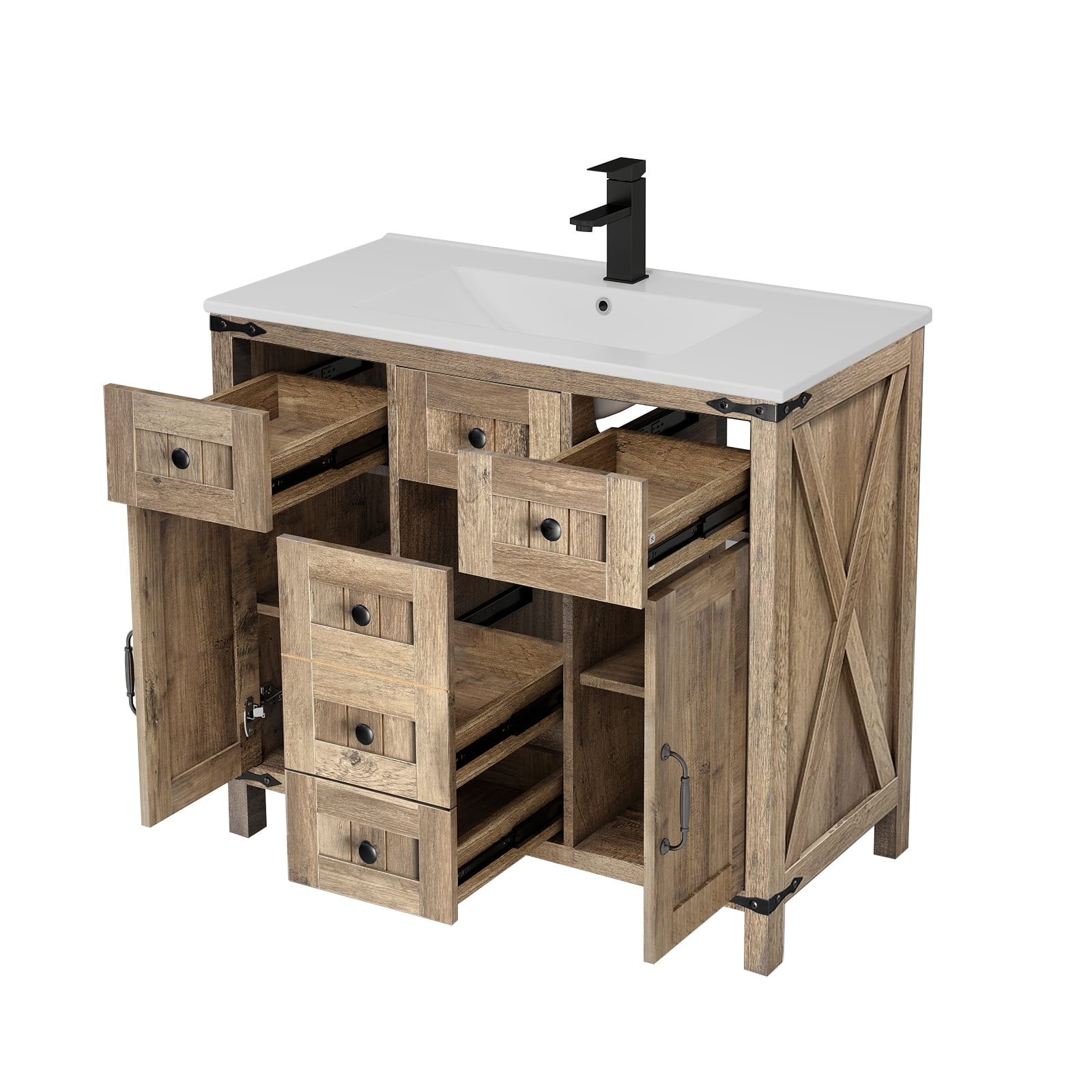 ELECWISH 36" Farmhouse Bathroom Vanity with Sink Combo, Rustic Vanity Cabinet with Ceramic Under Mount Sink Combo with Faucet Set, Four Sliding Drawers, Adjustable Shelf, Rustic Brown