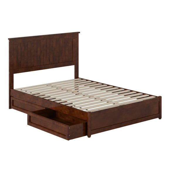 Malta Full Wood Platform Bed with Panel Footboard and Storage Drawers in Walnut