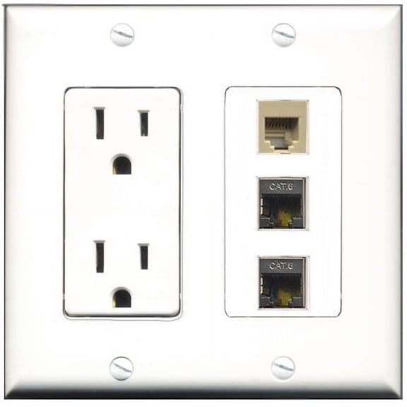 RiteAV - 15 Amp Power Outlet 1 Port Phone Beige 2 Port Shielded Cat6 Ethernet Ethernet Decorative Wall Plate