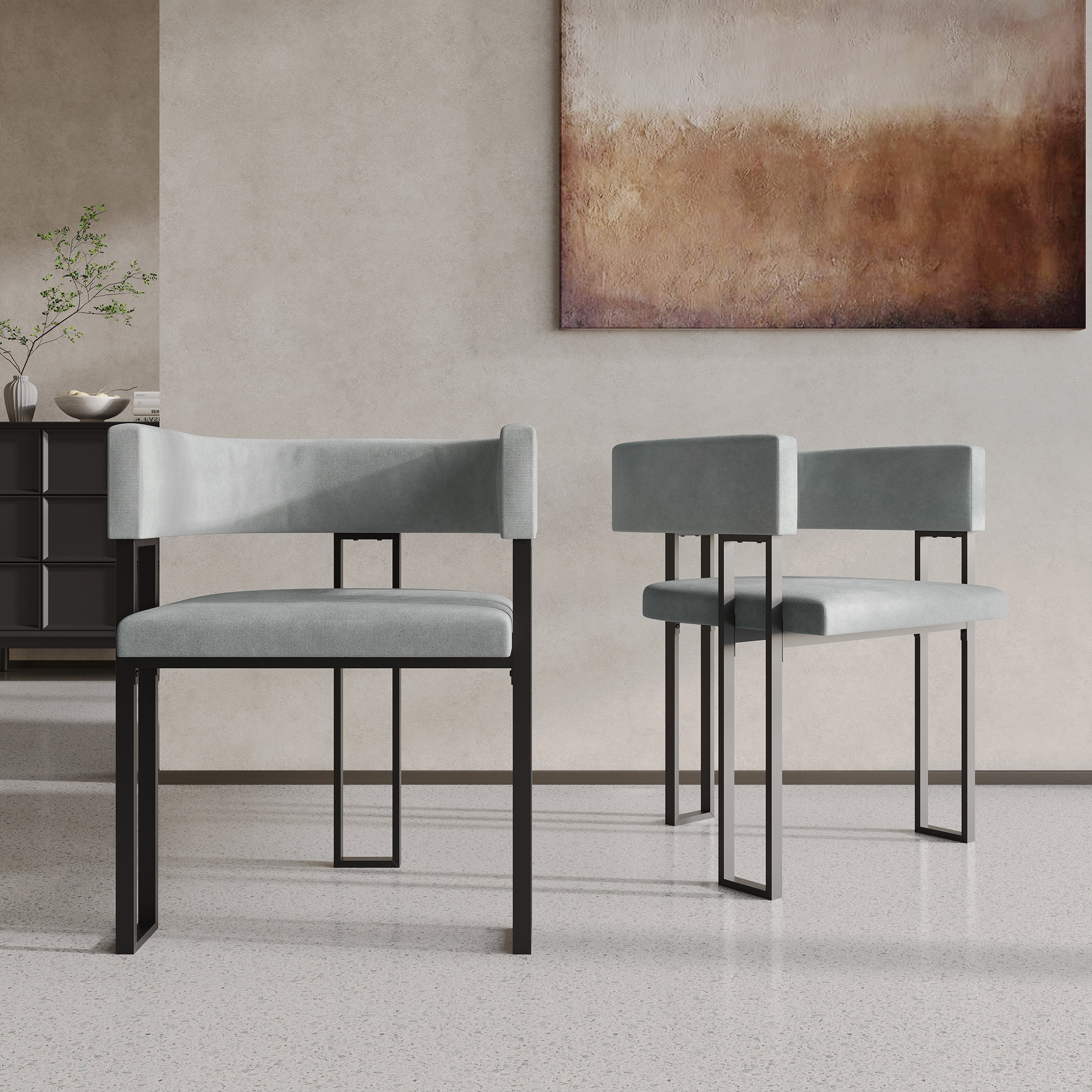 Castle Place Minimalist Black Metal Dining Chair, Silver Grey Velvet