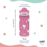 Zak Designs Hello Kitty Kids Insulated Water Bottle with Straw, 14oz Stainless Steel, Leak-Proof, Carry Handle