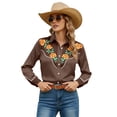 thumbnail image 3 of Women Western Cowgirl Cowboy Shirts Button Down Tops Floral Print Long Sleeve Snap Outfits Spring Fall Brown L, 3 of 5