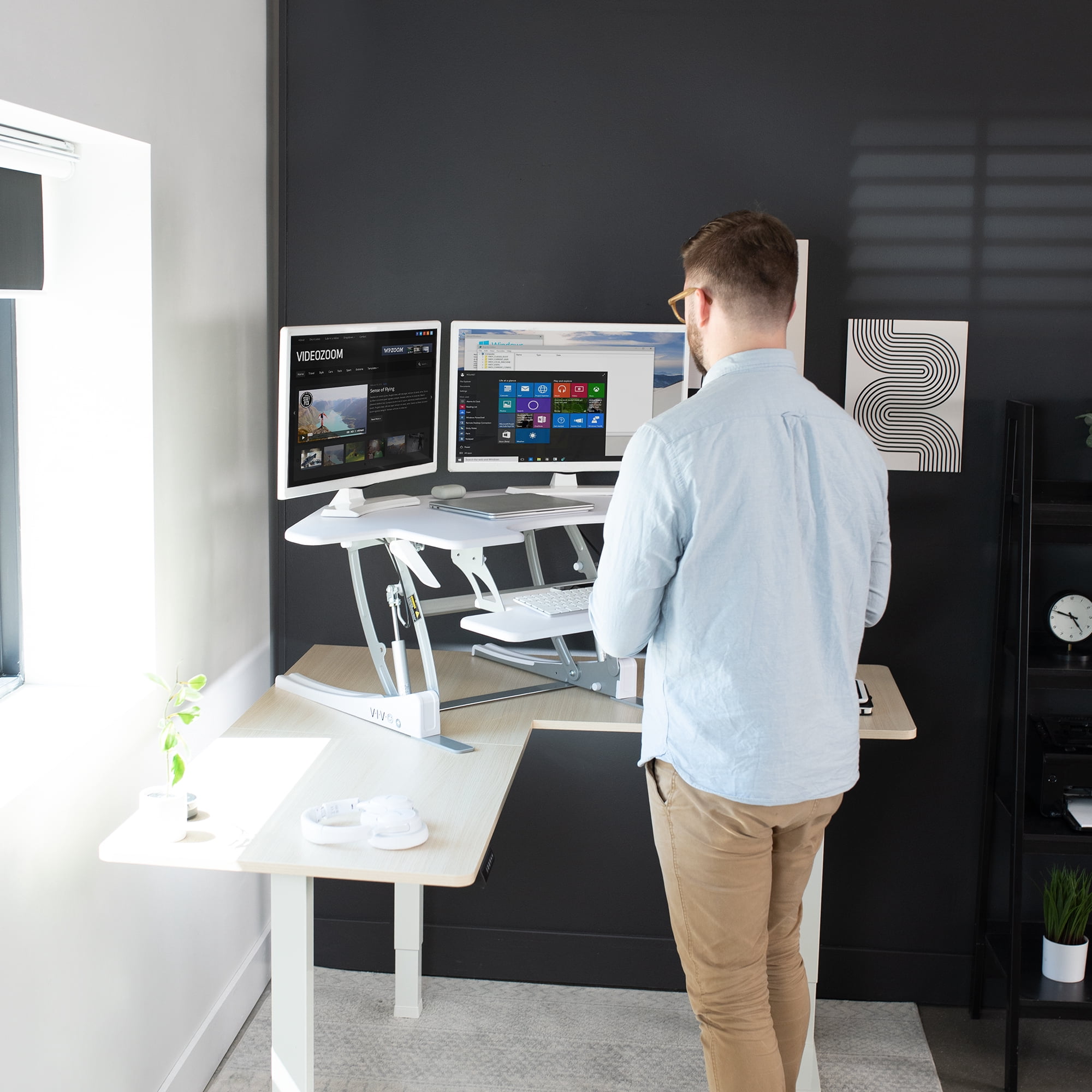 VIVO White Corner Height Adjustable Cubicle Sit to Standing Tabletop Desk Riser