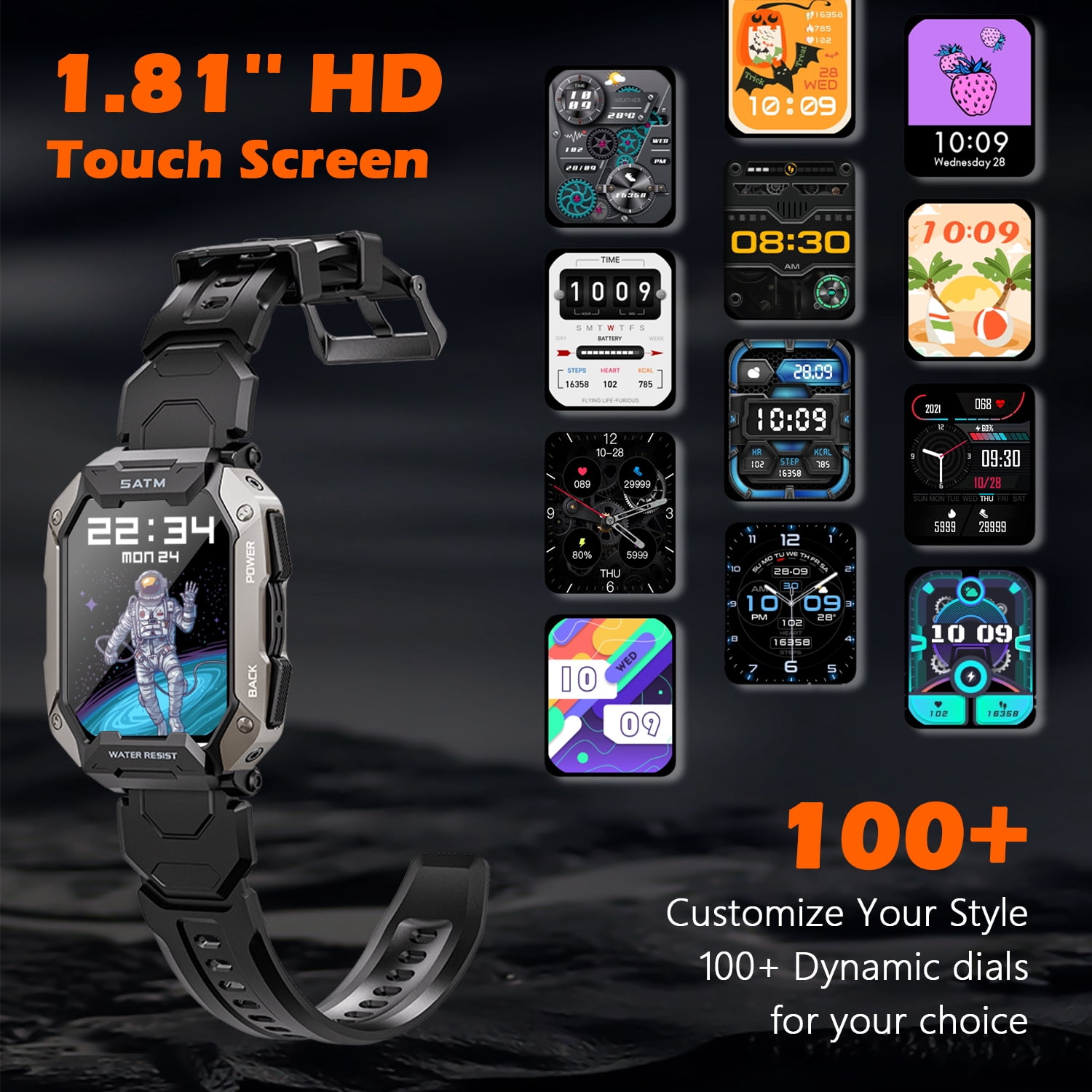 Military Smart Watches for Men, 1.81'' HD Outdoor Sports Rugged Smartwatch Compatible with Android and iPhone, Black