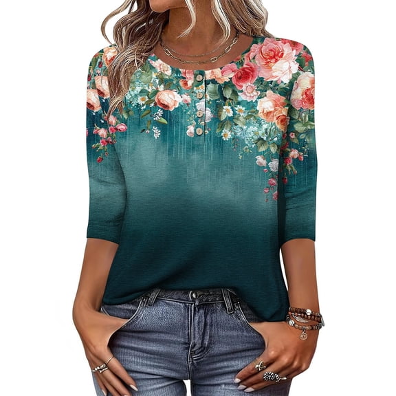 Jsaierl Tops for Women 3/4 Sleeve Plus Size Button Up Crew Neck Shirts Dressy Print Petite Blouses Classic Loose Fit Tunic Top S-2XL