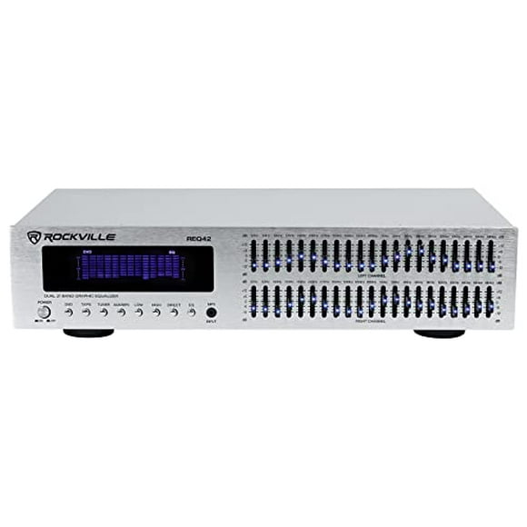 Rockville REQ42-S Dual 21-Band Graphic Equalizer, Blue LED Sliders, RCA Inputs, Rack Mountable, for Home Theater and DJ Audio